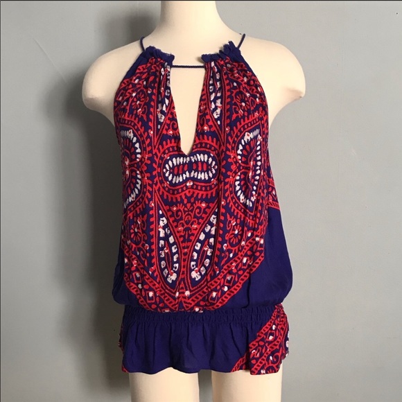 NWT Ella Moss Fez Blue and Red Boho Patterned Tank Top Flowy Lightweight Blouse - Picture 2 of 8